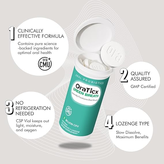 Green Breath Oral Care Probiotics, Naturally Support Freshens Bad Breath & Healthy Mouth, Dental Probiotic Supplement 8 Billion CFU, Mint Flavor 30 Lozenges 1-PK