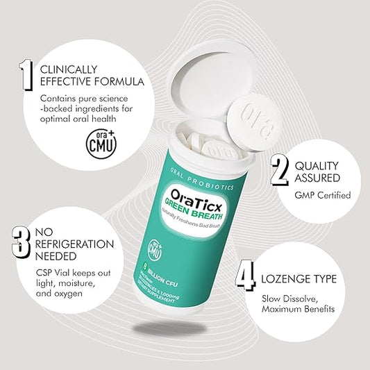 Green Breath Oral Care Probiotics, Naturally Support Freshens Bad Breath & Healthy Mouth, Dental Probiotic Supplement 8 Billion CFU, Mint Flavor 30 Lozenges 1-PK