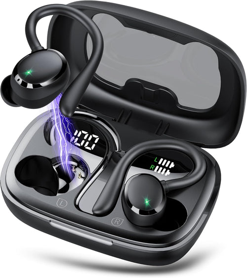 Wireless Earbuds, Bluetooth 5.3 Headphones with Earhook, 72Hrs Playtime, Deep Bass, 4 ENC Noise Cancelling Mic, IP7 Waterproof, LED Display, Over Ear Buds for Workout, Travel, Black