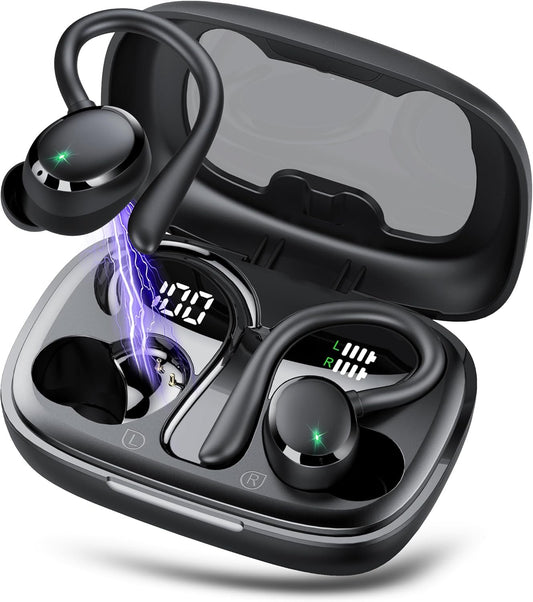 Wireless Earbuds, Bluetooth 5.3 Headphones with Earhook, 72Hrs Playtime, Deep Bass, 4 ENC Noise Cancelling Mic, IP7 Waterproof, LED Display, Over Ear Buds for Workout, Travel, Black