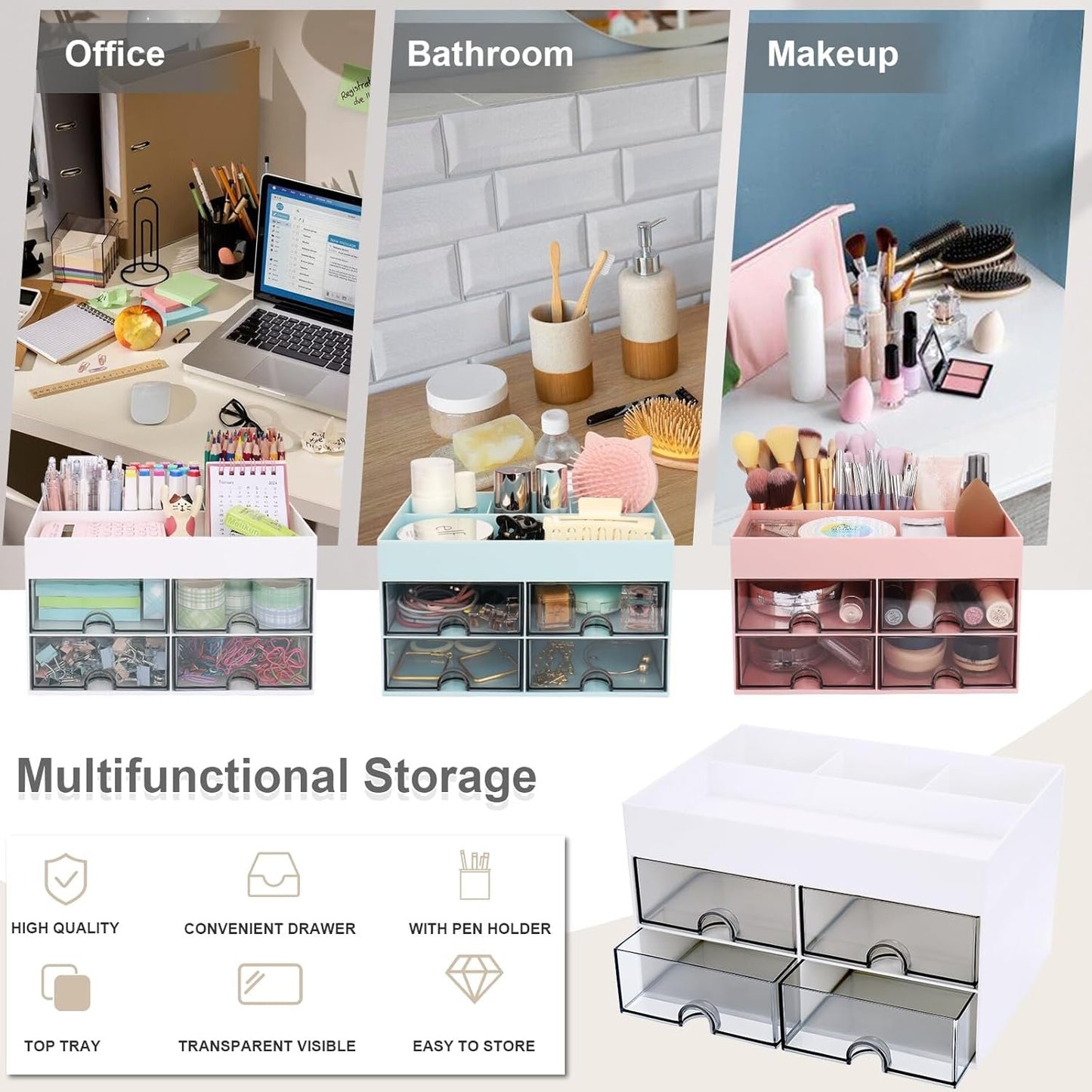 Meiikun Desk Organizer and Accessories, Plastic Stationery Storage Box with 4 Drawers, 3 Compartments & a Top Tray, Bathroom Organizers Makeup Brush Holder for Women, 21 cm x 14.2 cm x 12.2 cm (White)