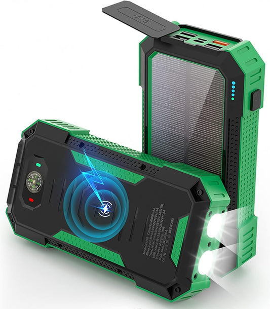 Fifilion 30000mah PD 22.5W Fast Charging & QI 15W Wireless Charging Solar Power Bank, Portable Charger with 6 Output & 2 Input, Dual Flashlight, IP54 Waterproof for Outdoor Hiking Camping