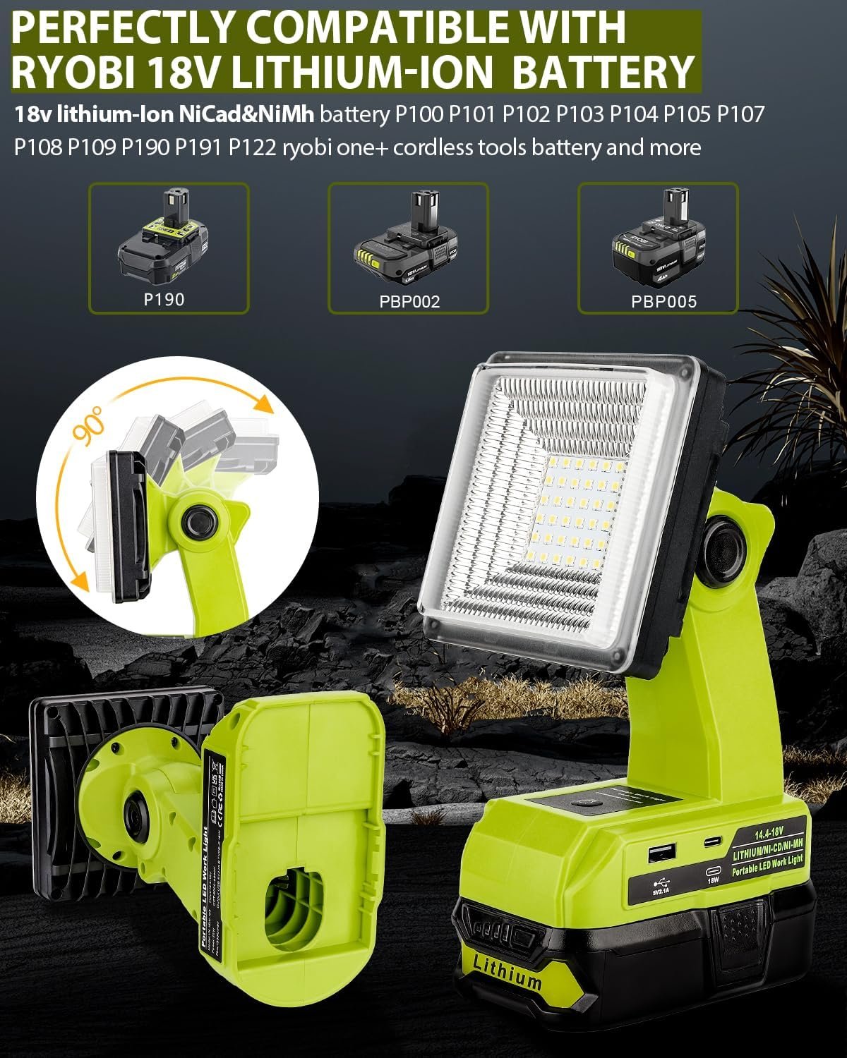Cordless LED Work Light for Ryobi 18V Battery, 25W LED Floodlight with USB-A&USB-C 2.1A Fast Charging Ports for Jobsite, Car Repairing, Camping, Emergency