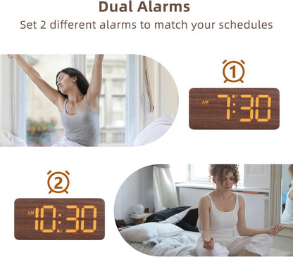 Wooden Digital Alarm Clocks for Bedrooms: Dimmable Dual Alarm Clock with Large Numbers for Bedside Desk - Brown