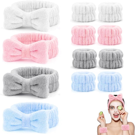 Ptenzor 12Pcs Spa Headband & Wristband Set for Women, Soft Face Washing & Skincare Accessories, 4 Colors (Pink, Gray, Blue, White)Reusable Makeup Remover Headbands & Wristbands for Face Washing & SPA