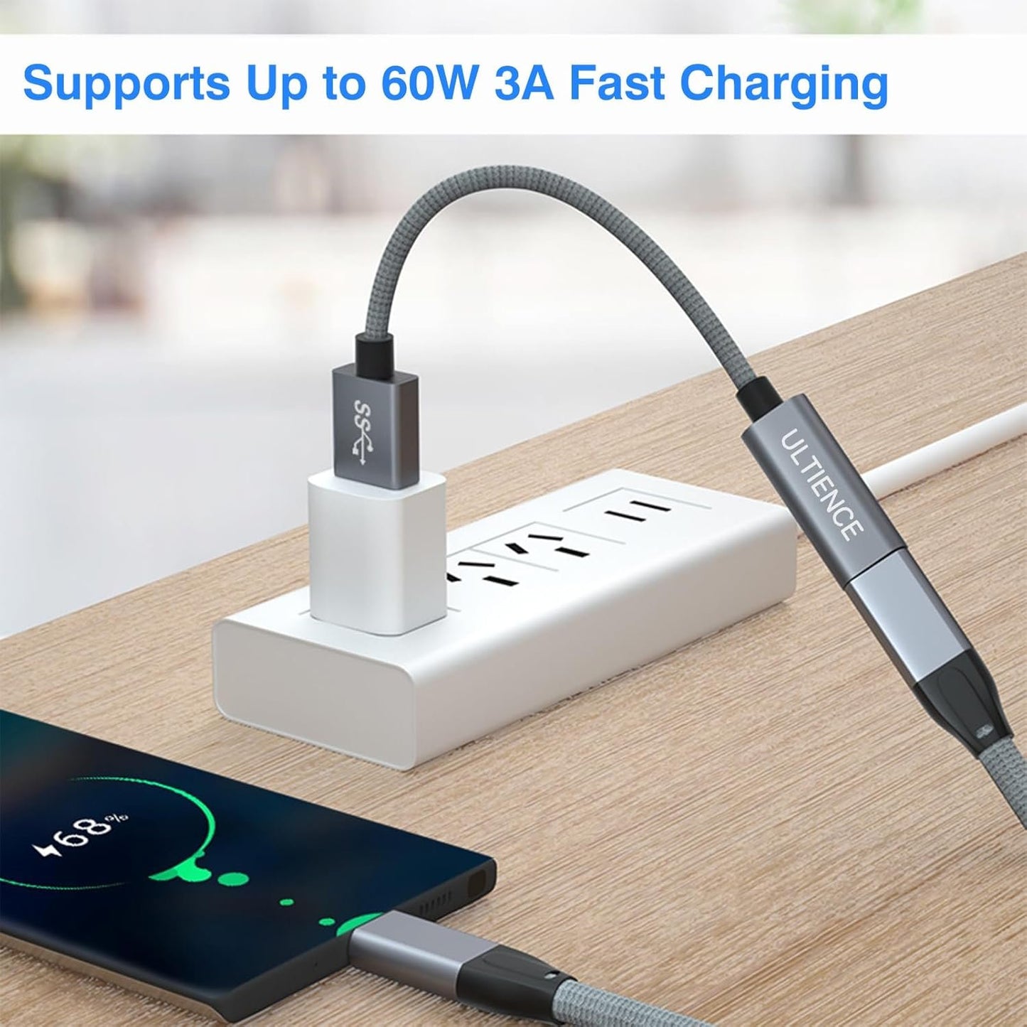 ULTIENCE USB-A to USB-C Cable Adapter [10Gbps] – High-Speed USB 3.2 Converter with 10Gbps Data Transfer & 60W Fast Charging, Compatible with Laptops, PCs, Flash Drives (0.5 m, Grey)
