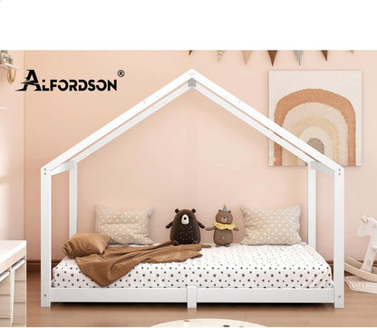 ALFORDSON Kids Bed Frame Wooden Timber House Frame Single Mattress Base Platform, Solid Pine Wood Bed Base Foundation Children's Beds, Nellie Series Bedroom Furniture (White w/o Guard Rail)