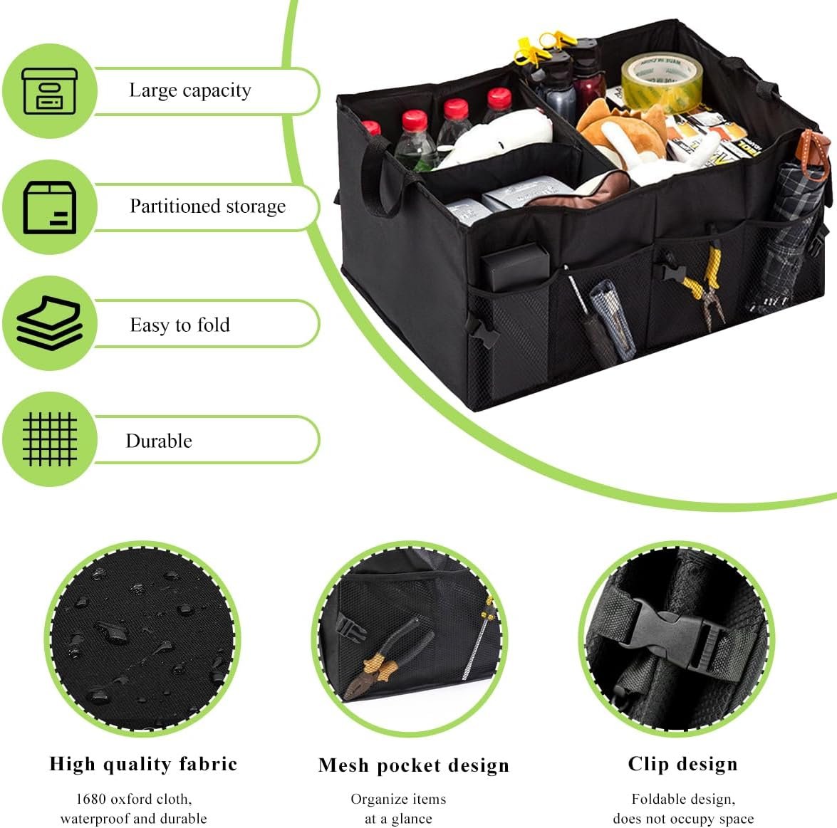 JUSTTOP Car Trunk Organizer, Collapsible Multi-Compartment Auto Trunk Cargo Storage Box with Pockets, Large Capacity Waterproof Premium Oxford Organizer for Car Truck SUV