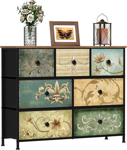 VEDECASA Bohemia 7 Drawer Dresser with Wooden Panel, Fabric Drawers, Metal Frame, Tower Dresser Organizer for Living Room, Bedroom, Hallway, VE0048