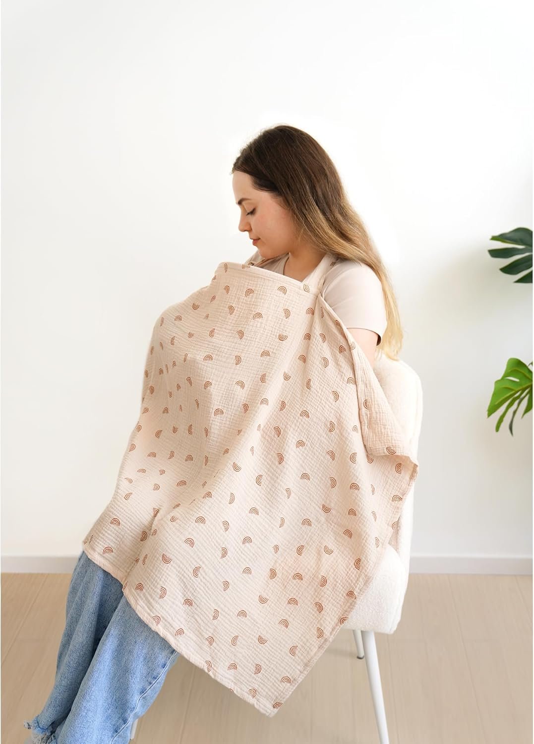 MairMore Muslin Nursing Covers for Breastfeeding, Privacy Breast Feeding Cover with Arch Neckline for Mom and Baby, Breathable 100% Cotton Nursing Apron Multi-use Stroller Cover