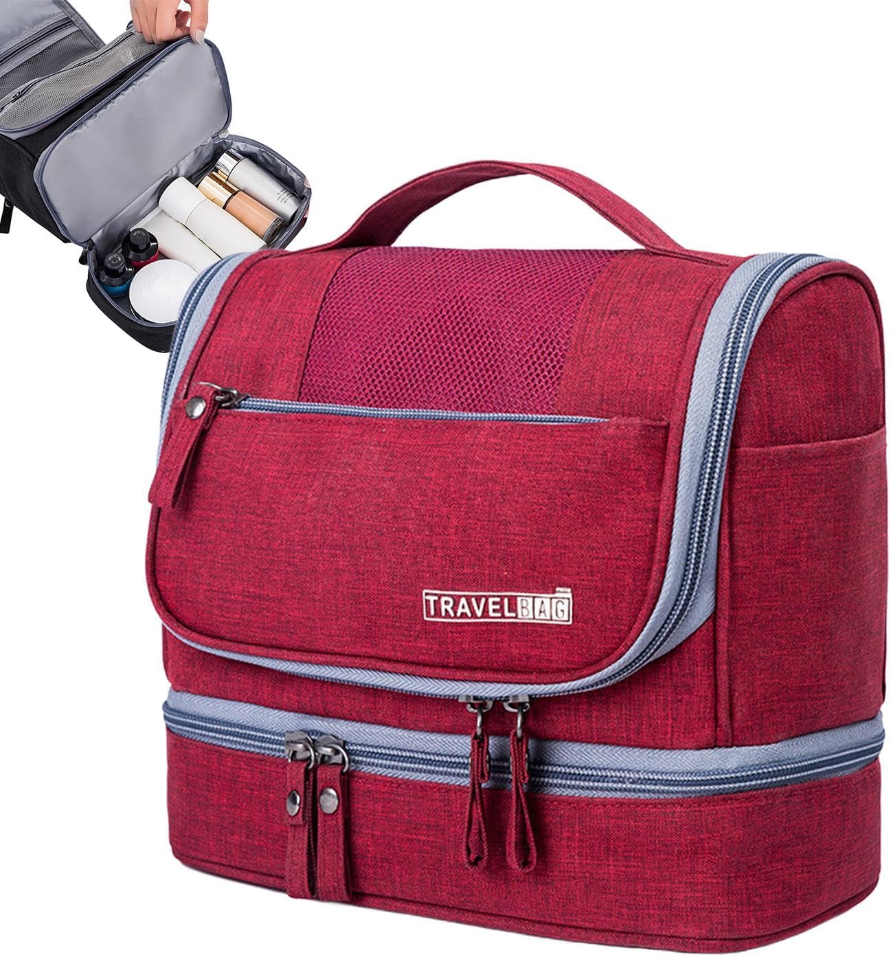 Ravel Toiletry Bag, Large Capacity Zipper Bag, Wet and Dry Separation Bag, Travel Pouch with Hook, Toiletry Organizer for Travel, Waterproof Toiletry Bag for Travel and Home Use, Wine Red, Please