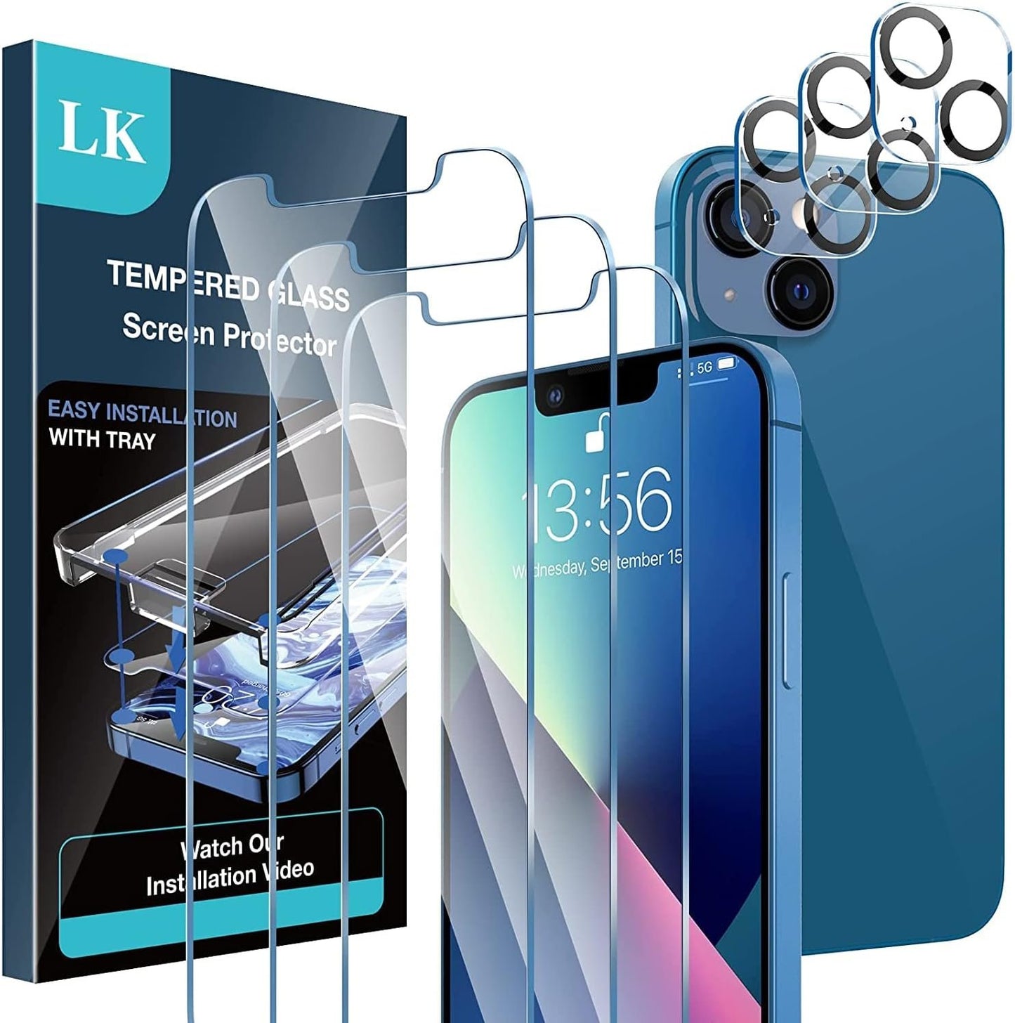 [ 3+3 Pack] LK 3Pack iPhone 13 Screen Protector 6.1-inch with 3Pack Camera Lens Protector, Anti-Scratch Easy-Installation,9H Hardness, HD Tempered Glass Film