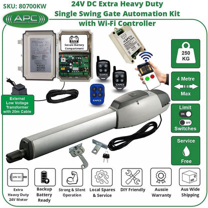 Single Swing Gate Opener with Wi-Fi Controller. Extra Heavy Duty Telescopic Linear Actuator Low Voltage Gate Automation Kit with Robust Cast Alloy Casing and Magnetic Limits