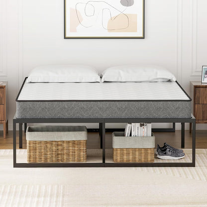 ADVWIN Bed Frame Double Size, All Metal Material Mattress Base, Large Storage Space Under Platform Bed with Bottom Crossbar, Black