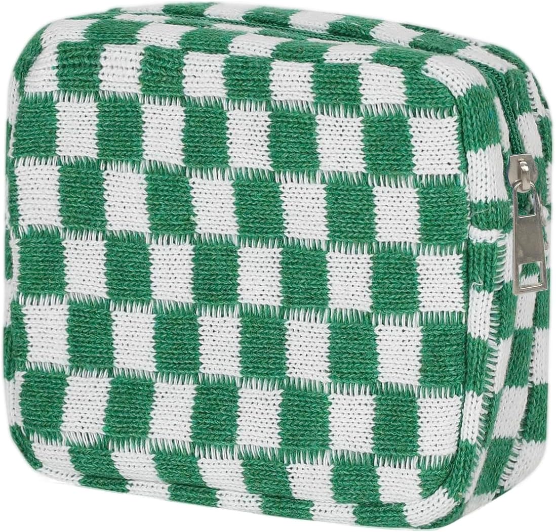 KOTORA 3pcs Checkered Mini Makeup Bag Pocket Cosmetic Bag Portable Aesthetic Preppy Makeup Bag for Women Mini Travel Makeup Organizer Storage Car Accessories (Black Green Brown)