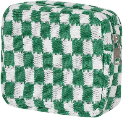 KOTORA 3pcs Checkered Mini Makeup Bag Pocket Cosmetic Bag Portable Aesthetic Preppy Makeup Bag for Women Mini Travel Makeup Organizer Storage Car Accessories (Black Green Brown)