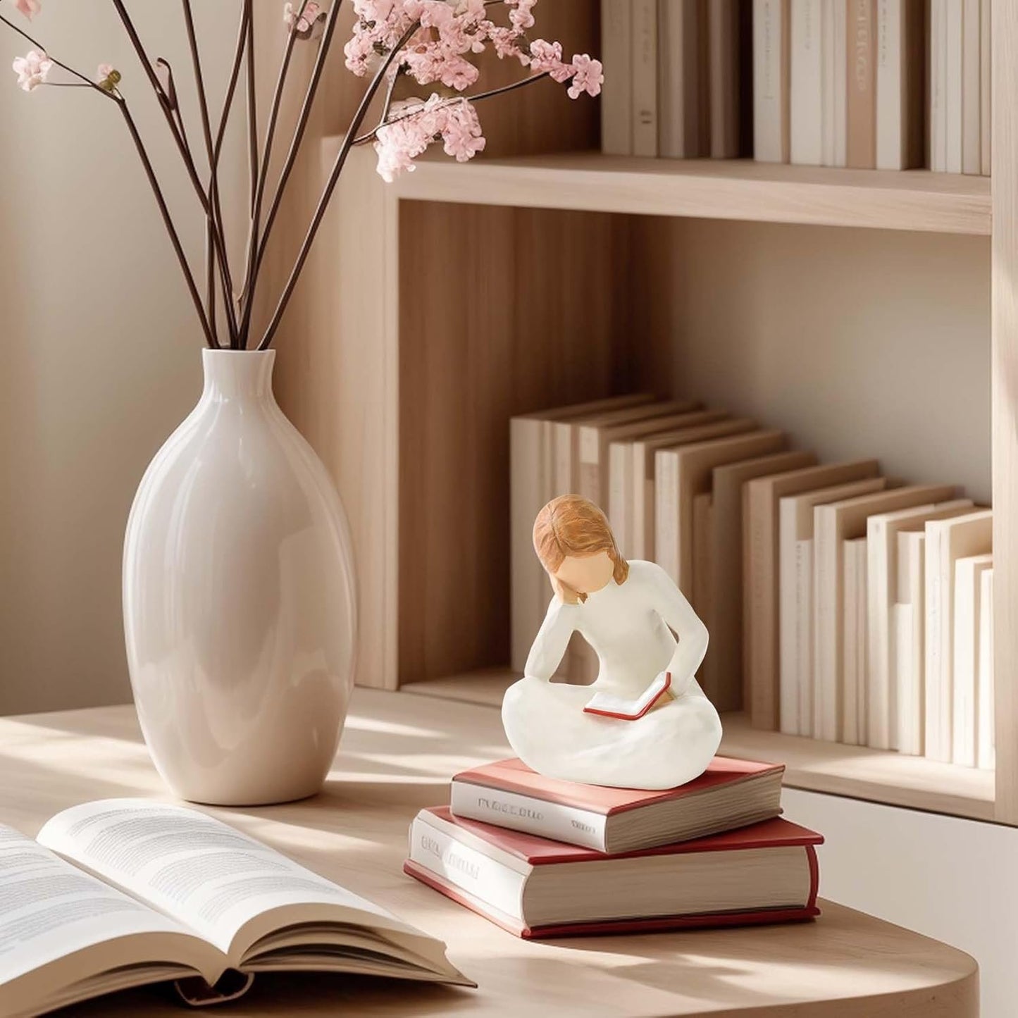 Cuayaes Home Decor Reading Thinker Statue Resin Aesthetic Sculpture Gifts for Women Book Lovers, Hand Painted Figurine for Bookshelf Office Table Living Room Decor, Graduation Gifts for Girls