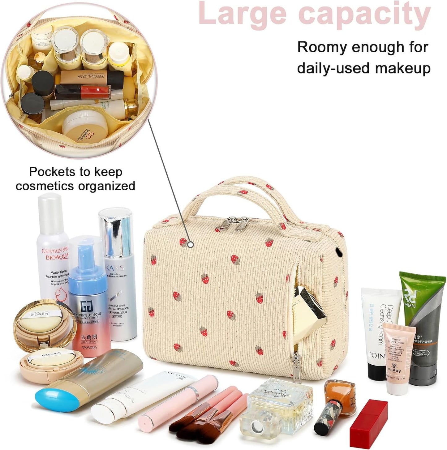 Bluboon Makeup Bag Zipper Pouch Travel Portable Cosmetic Bag Organizer for Women and Girls, Beige Strawberry Corduroy, Strawberry Corduroy Beige Cosmetic Bag