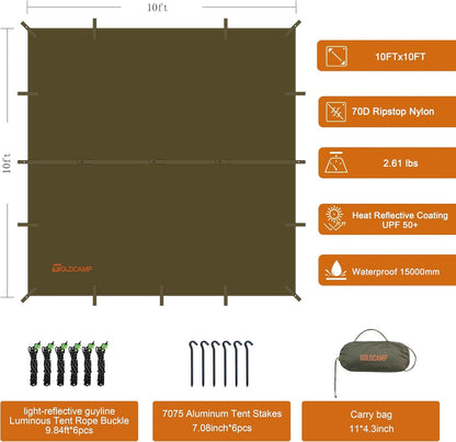 GOLDCAMP Waterproof Camping Tarp，70D Nylon 10X10FT Hammock Rain Fly ，UV 50+ and PU15000mm Tent Tarp Shelter Canopy，Heavy Duty Multifunctional Sun Shade or Rain Fly Essentials for Hiking Backpacking