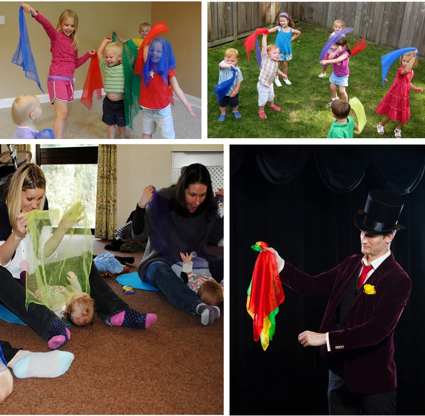 Lolakee Dance Scarves for Kids Play 12 Pcs Upgraded Play Scarves for Babies Toddlers Children Movement Square Juggling Silk Music Dancing Scarf Rhythm Band Scarves Pro (6 Colors,24" x 24")