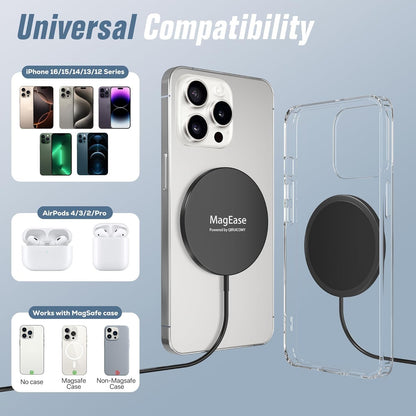 Magnetic Wireless Charger,MagEase 15W mag~Safe Wireless Charger Compatible with iPhone 16/15/14/13/12 Series and AirPods 3/2/Pro, Charging Pad with USB-C Cable and USB-A Converter (Black)