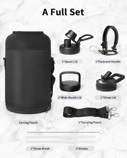 Half Gallon Water Bottle with Paracord Handle - Trebo 64oz Wide Mouth Insulated Double Wall Stainless Steel Large Sports Flask Keep Hot 24 Hours & Cold 48 Hours Water Jug with 3 Lids, Black