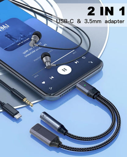 Duttek USB C to 3.5mm Audio Jack Adapter and Charger Cable, 2 in 1 USB C to Headphone Jack Adapter PD100W, USB C Splitter Dongle Cable for iPhone 16/15 Pro Max-Grey