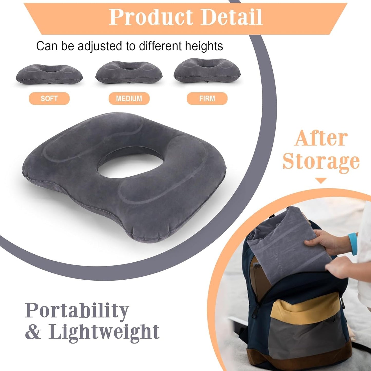 AirSwim Inflatable Hemorrhoid Pillows, Donut Pillow for Tailbone Pain, Adjustable Inflatable Seat Cushion for Bed Sores, Postpartum Pregnancy, Car Seat, Airplane, 17.7'' x 15.4'' x 4.3''(Grey)