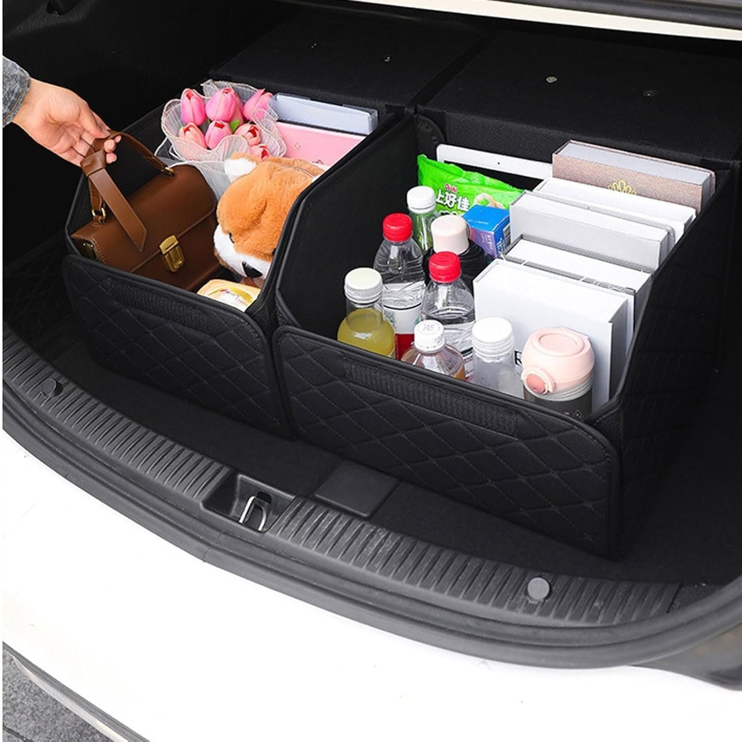 Trunk Organizer for SUV & Sedan, Car Organizers and Storage with Lid Black, Leather Storage Box with Lid, Multi-functional Collapsible Cargo Bins(Large)
