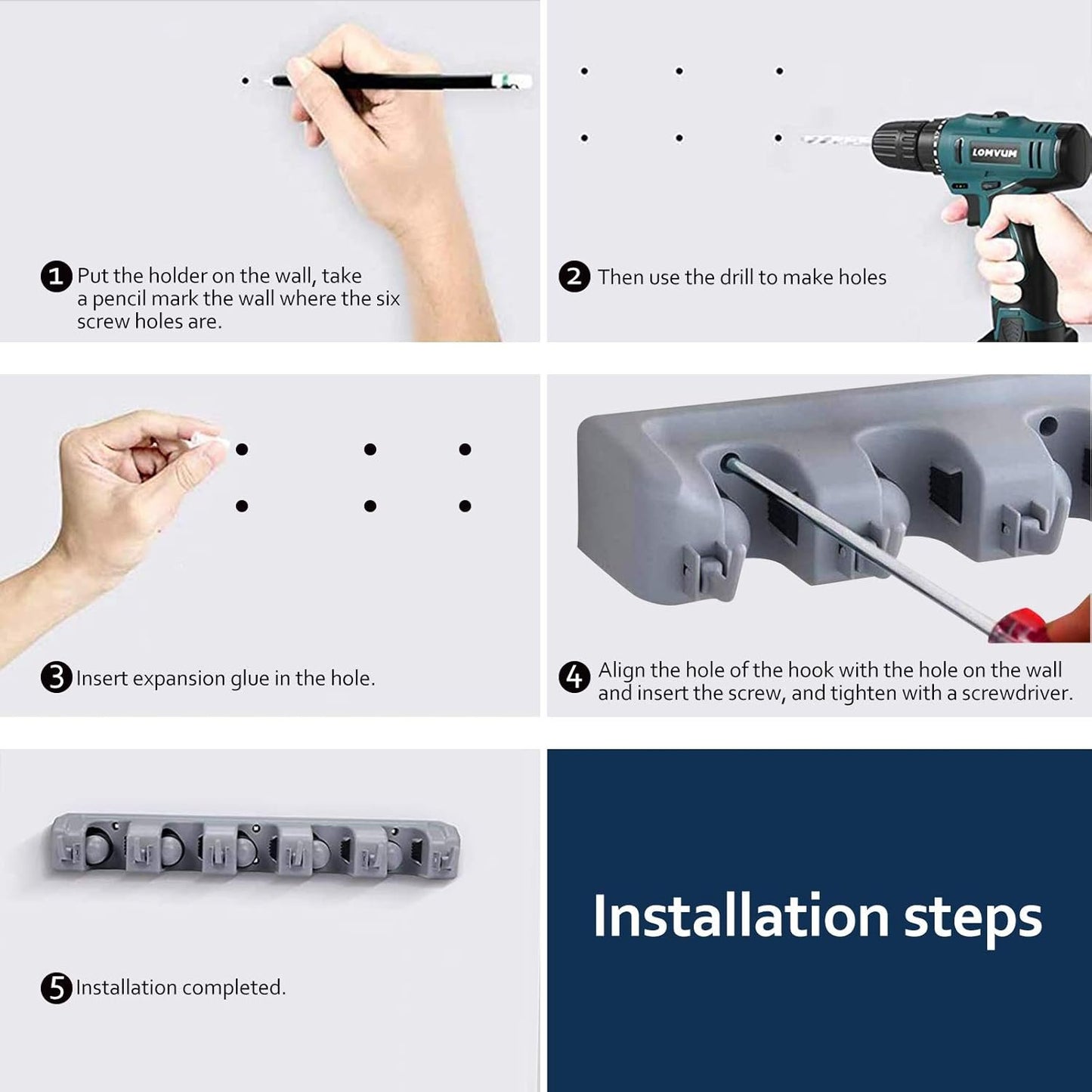 Mop and Broom Holder - Wall Mounted Garage Tool Organizer Broom Hanger Rack- Ideal for Home Kitchen Garage Garden Laundry Bathroom Tool Organizer With 5 Racks and 6 Hooks Broom Holder