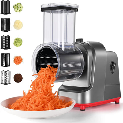 Electric Cheese Grater, 250W Professional Electric Slicer Shredder, Electric Salad Machine for Fruits, Vegetables, Cheeses, Salad Maker with 5 Free Attachments