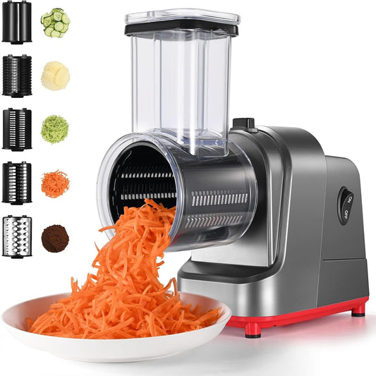 Electric Cheese Grater, 250W Professional Electric Slicer Shredder, Electric Salad Machine for Fruits, Vegetables, Cheeses, Salad Maker with 5 Free Attachments