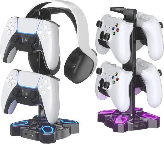 KDD Gaming Headphones Stand, Rotatable Headset Stand with 9 Light Modes - Controller Holder with 2 USB Charging Ports and 3.5mm & Type-C Port - Earphone Hanger Accessories for Desktop Gamer(Black)