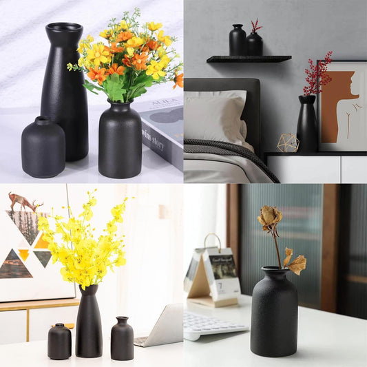 Fohouse Ceramic Vases for Home Decor, Small Flower Vase Set of 3 for Pampas Grass, Home, Living Room, Dining Table, Farmhouse, Office Decor, Bedroom, Table, and Kitchen Shelf, Black