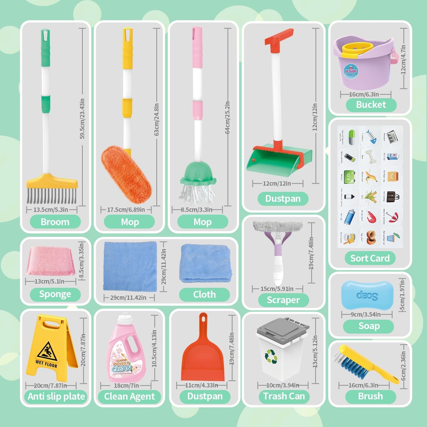 Detachable Kids Cleaning Toy Set - Broom, Mop, Dustpan, Brush, Rag Play, Housekeeping Kit, STEM Really Clean Toys Educational Toddler Pretend Play Toy Gift for Boys Girls-15PCS