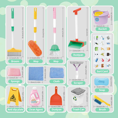 Detachable Kids Cleaning Toy Set - Broom, Mop, Dustpan, Brush, Rag Play, Housekeeping Kit, STEM Really Clean Toys Educational Toddler Pretend Play Toy Gift for Boys Girls-15PCS