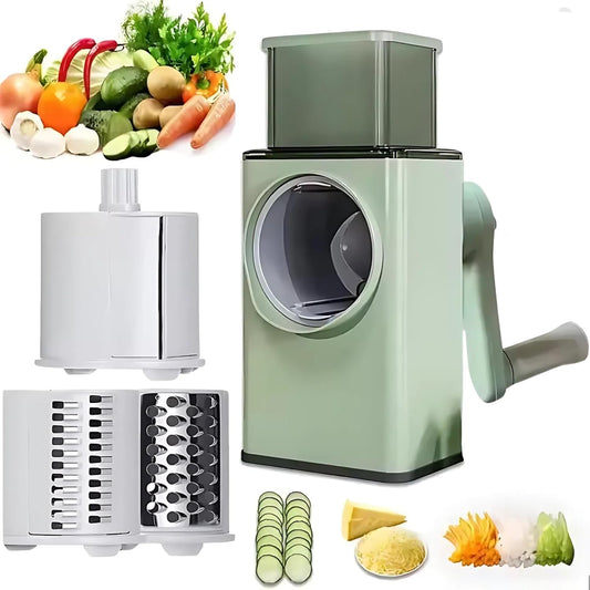 Rotary Cheese Grater with Handle - Vegetable Shredder with 3 Well-Designed Blades & Strong Suction Base, Round Mandoline Slicer & Multifunctional Food Vegetable Cutter Potato Slicer for Kitchen