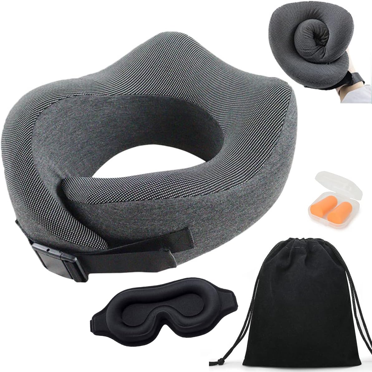Travel Pillow 100% Pure Memory Foam Neck Pillow, Pillows for Sleeping, Car and Airplane Travel Essentials, Travel Kit with 3D Contoured Eye Masks, Earplugs and Luxury Luxury Bag (Grey)