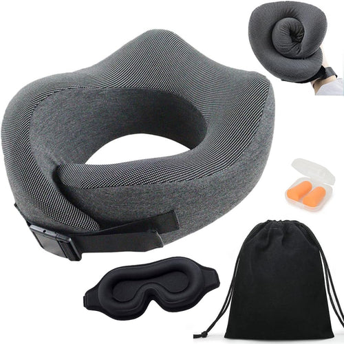 Travel Pillow 100% Pure Memory Foam Neck Pillow, Pillows for Sleeping, Car and Airplane Travel Essentials, Travel Kit with 3D Contoured Eye Masks, Earplugs and Luxury Luxury Bag (Grey)