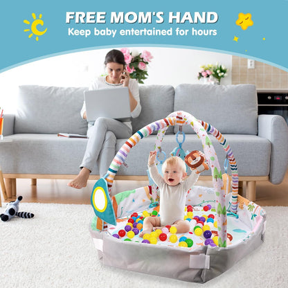 REMOKING Baby Play Gym Mat,Tummy Time Mat with 6 Detachable Toys for Sensory Development,Activity Centre & Ball Pit, Toddler Infant 0-3-6-9-12 Month,Newborn Essentials for Kids