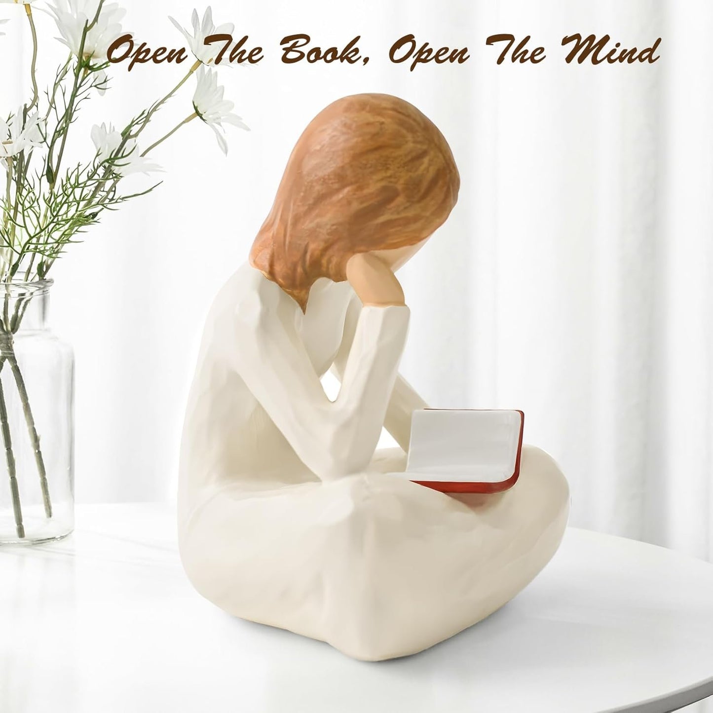 Cuayaes Home Decor Reading Thinker Statue Resin Aesthetic Sculpture Gifts for Women Book Lovers, Hand Painted Figurine for Bookshelf Office Table Living Room Decor, Graduation Gifts for Girls