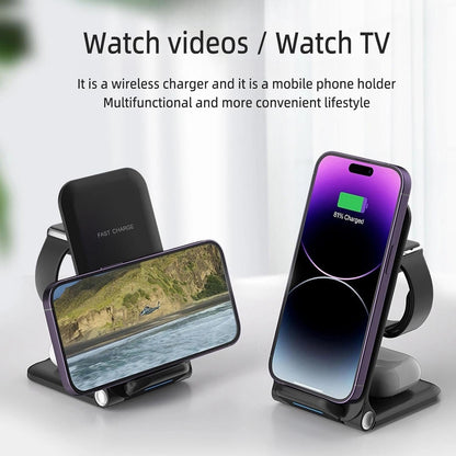 HOVNIER 15W 3 in 1 Wireless Charger Stand, Foldable Fast Charging Station for Apple Watch Ultra 2/Ultra/10/9/8/7/6, for iPhone 16/15/14/13 /Plus/Pro/Pro Max/12, AirPods 3/2/1/Pro/Pro 2 (3 in 1 White)
