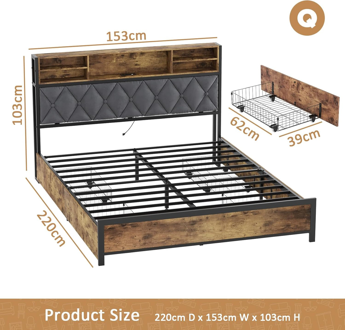 ADVWIN Queen Size Bed Frame with 4 Storage Drawers, Tufted Storage Headboard with Charging Station and USB Port, Rustic Brown & Gray