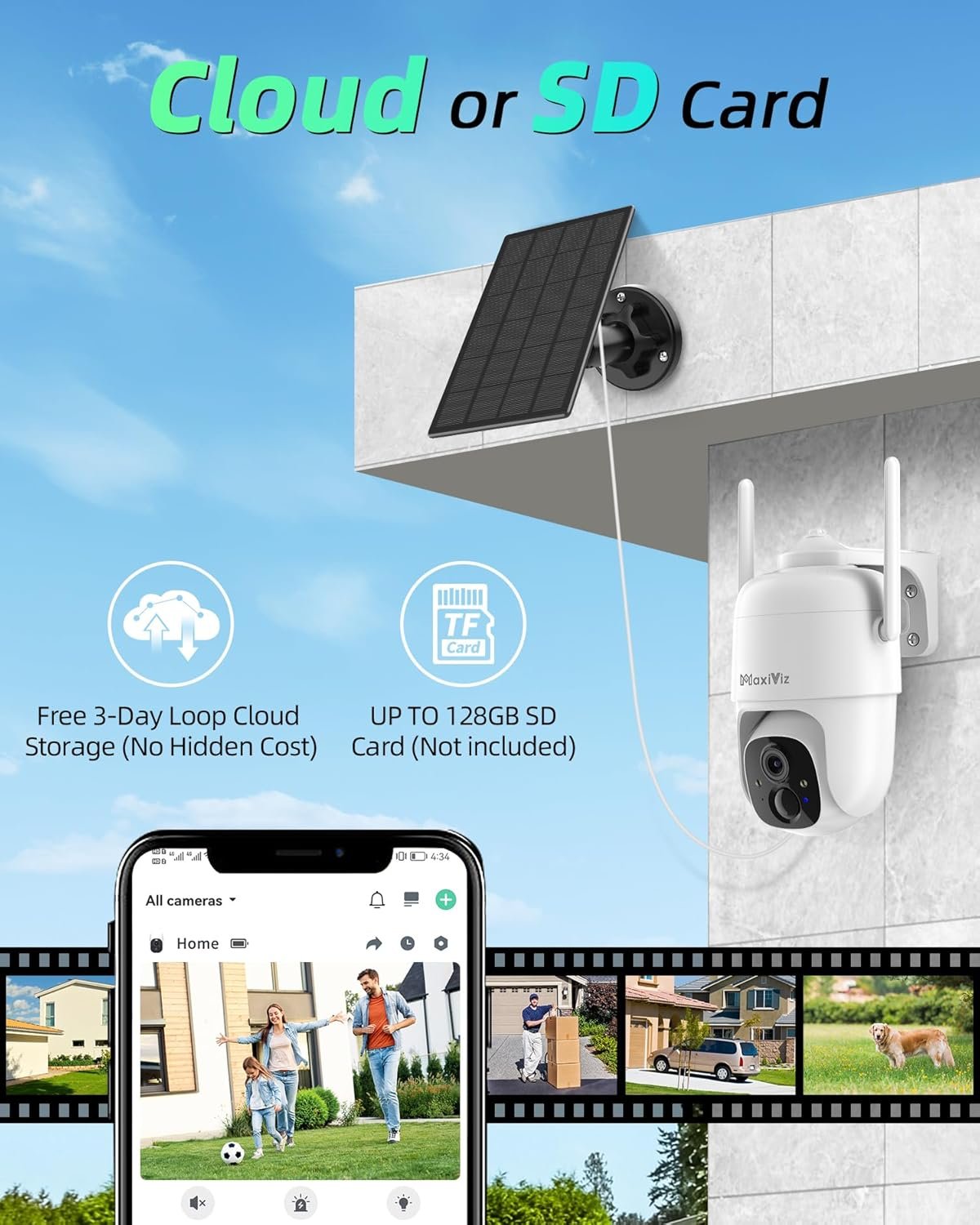 MaxiViz Solar Security Camera Wireless Outdoor, 360Â° View Cameras for Home Security Outside with AI Motion Detection, 2K Color Night Vision, Two-Way Talk, IP66 Weatherproof, SD/Cloud Storage (2 Pack)