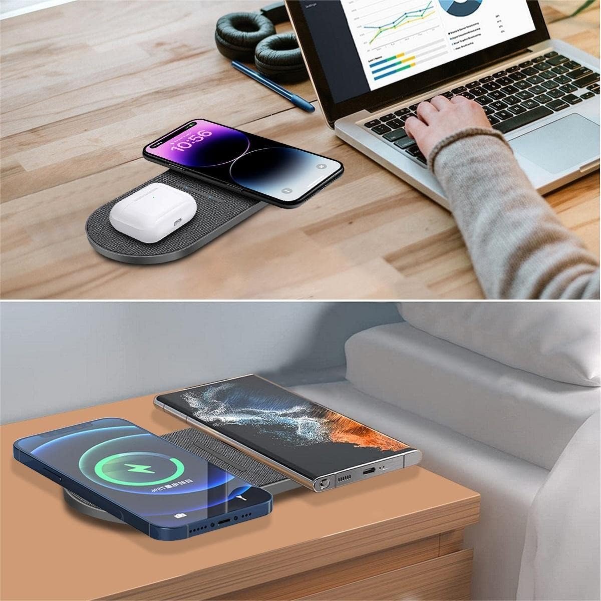 FDGAO Dual 20W Wireless Charger 2 in 1 Fast Wireless Charging Pad Station for iPhone 16 Pro Max/16 Pro/15/14/13/12/11/XS/XR/8 Plus, Airpods, for Samsung Galaxy/Note, Galaxy Buds (with AC Adapter)