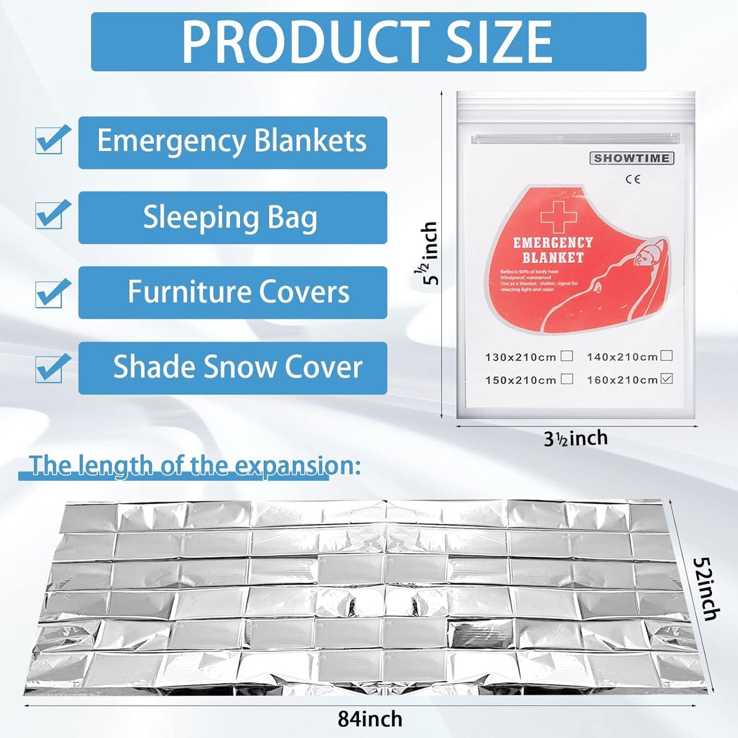Outdoors Camping Emergency Thermal Blankets, 10 Packs 63" x 83" Heat Reflective Survival Blanket for Hiking Backpacking Adventure and Travel(10 Packs)
