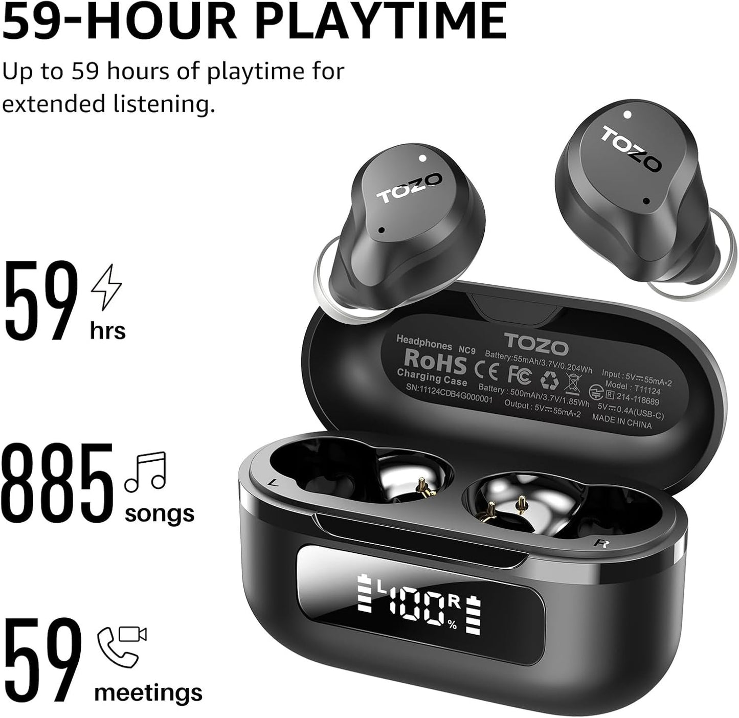 TOZO New Hybrid Active Noise Cancelling Wireless Earbuds, 6 Mics ENC Clear Call, IPX8 Waterproof, in Ear Bluetooth 5.3 Headphones Stereo Bass Heasets 59H Playtime with LED Display 32 EQs via APP