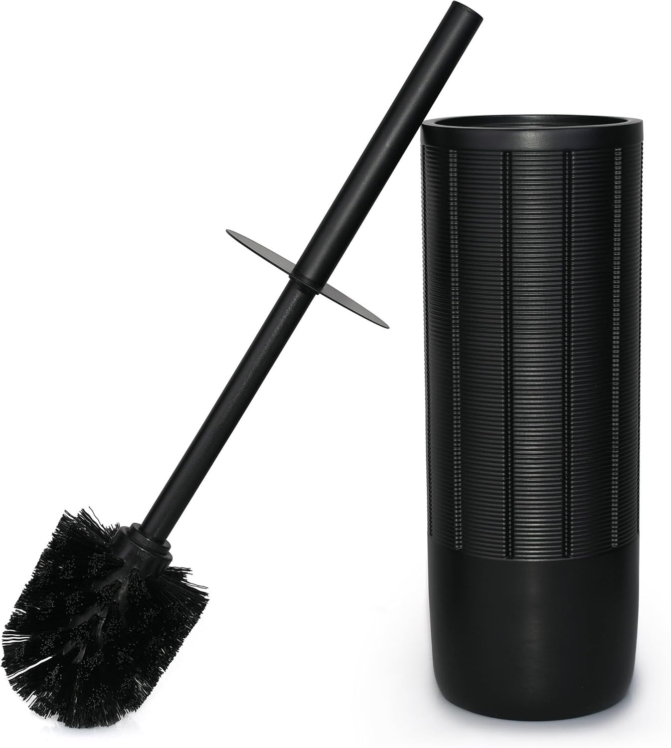 Indecor Home Matte Black Ribbed Design Resin Toilet Bowl Holder and Brush Set, Durable Bathroom Cleaning Tool with Ergonomic Handle and Efficient Bristles, Stylish and Compact Design