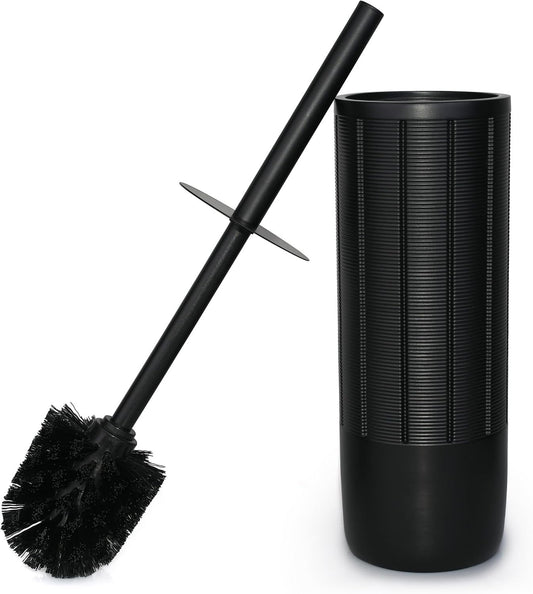 Indecor Home Matte Black Ribbed Design Resin Toilet Bowl Holder and Brush Set, Durable Bathroom Cleaning Tool with Ergonomic Handle and Efficient Bristles, Stylish and Compact Design