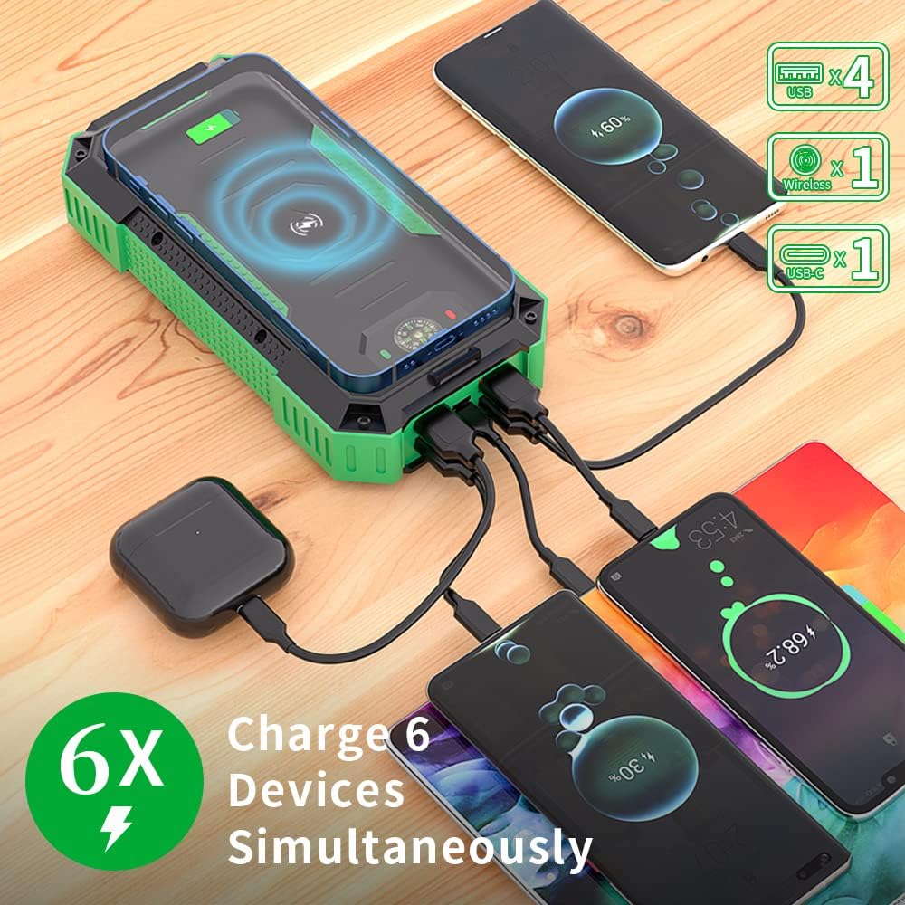 Fifilion 30000mah PD 22.5W Fast Charging & QI 15W Wireless Charging Solar Power Bank, Portable Charger with 6 Output & 2 Input, Dual Flashlight, IP54 Waterproof for Outdoor Hiking Camping